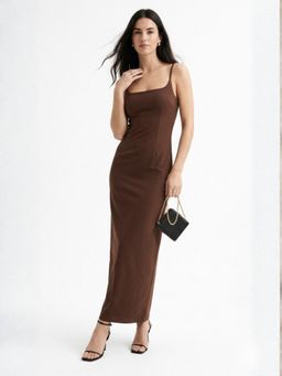 Outzidr - Brown Polyester Solid Bodycon Dress