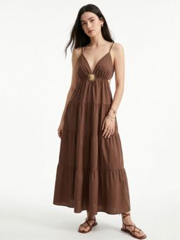 Outzidr - Brown Polyester Solid A-Line Dress