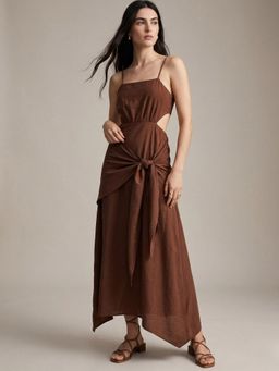 Outzidr - Brown Polyester Solid Flared Dress