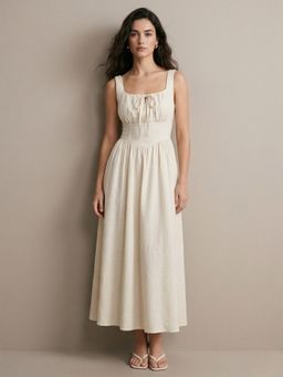 Outzidr - Off White Polyester Solid Flared Dress