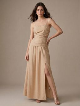 Outzidr - Beige Polyester Solid Flared Dress
