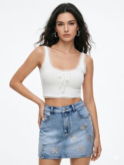 Outzidr - Blue Denim Printed Skirt