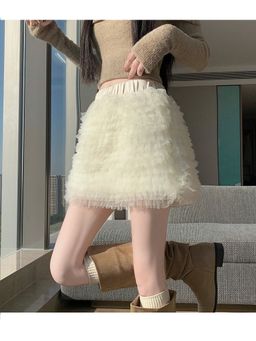 Outzidr - Cream High Waist Textured Scrunched Frilled Skirt