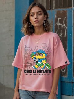 Bewakoof - Women's Pink Sea u Never Graphic Printed Oversized T-shirt