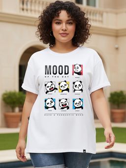 Bewakoof - Women's White Mood of the Day Panda Graphic Printed Plus Size Boyfriend T-shirt