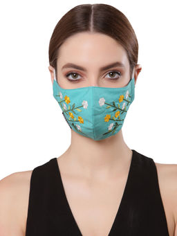 Anekaant - 3 Ply Turquoise Blue & Multi Cotton Foliage Embroidered Fabric Fashion Mask