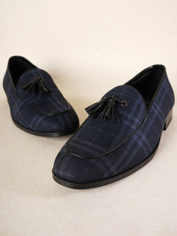 Monkstory - Blue Raro Plaid Fabric Tassel Loafers