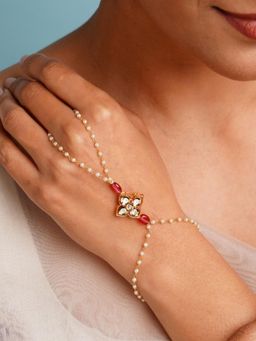 Abdesigns - Red and White Kundan Pearl Gold Plated Hathphool
