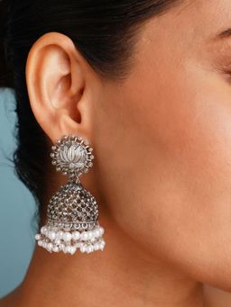 Abdesigns - Elegant German Silver Plated Pearl Jhumka Earrings