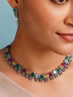 Abdesigns - Multi-Color German Silver Plated Stone Studded Necklace Set