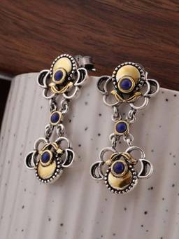 Palmonas - 925 Sterling Silver Women Blue Floral Dual Motif Drop Earrings
