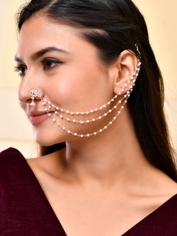 Silvermerc Designs - Rose Gold Triple Pearl Chain Nose Ring