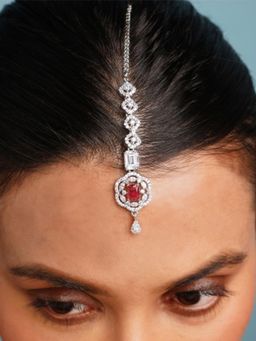 Abdesigns - Red Elegant Silver Plated American Diamond Maangtikka