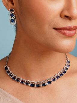 Abdesigns - Blue American Diamond Silver Plated Necklace Set