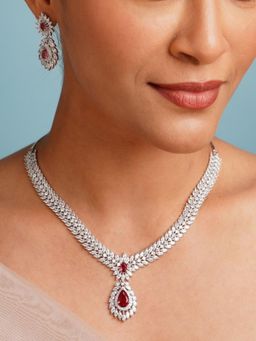 Abdesigns - Red American Diamond Silver Plated Necklace Set