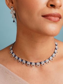 Abdesigns - Blue Sophisticated Silver Plated American Diamond Necklace Set