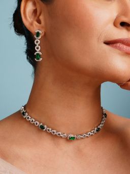 Abdesigns - Green Elegant Silver Plated American Diamond Necklace Set