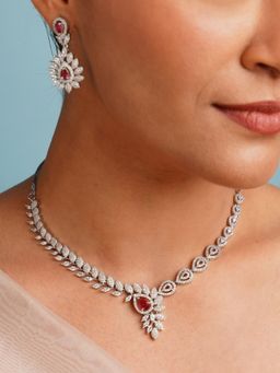 Abdesigns - Red Stylish Silver Plated American Diamond Necklace Set