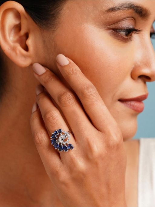Abdesigns Blue Enchanting Silver Plated Floral Cubic Zircon Studded Ring