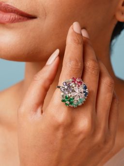 Abdesigns - Multi-Color Floral Silver Plated Cubic Zircon Studded Ring