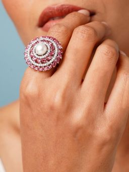 Abdesigns - Silver Plated Pink Floral Cubic Zircon Studded Pearl Ring