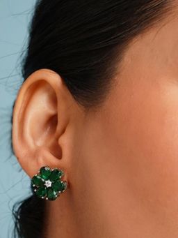 Abdesigns - Green Elegant Silver Plated American Diamond Floral Stud Earrings