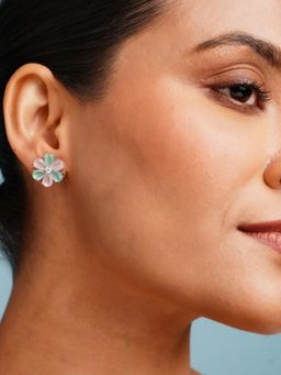 Abdesigns - Multi-Color Elegant Silver Plated American Diamond Floral Stud Earrings