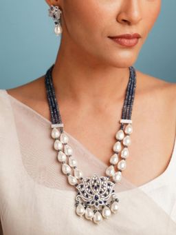 Abdesigns - Blue Elegant Silver Plated Pearl American Diamond Necklace Set