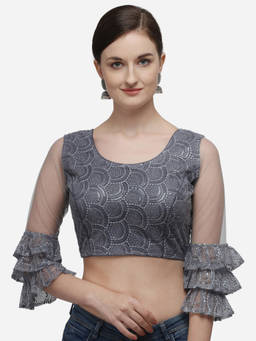 Amrutam Fab - Womens Embroidered Grey Net Stiched Blouse With Round Neck