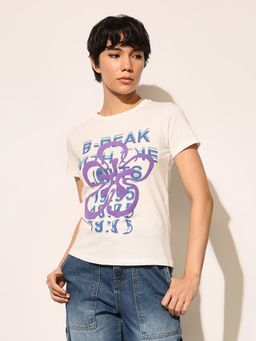 ONLY - Off White Cotton Printed T-Shirt