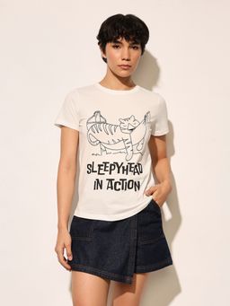 ONLY - Off White Printed Cotton T-Shirt