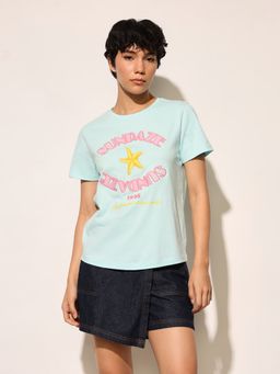 ONLY - Blue Embroidered Text Cotton T-Shirt