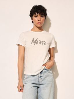 ONLY - White Metallic Text T-Shirt