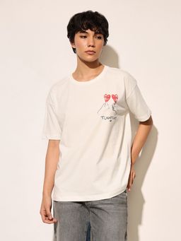 ONLY - Cream Printed Cotton Oversized T-Shirt