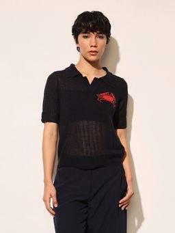 ONLY - Black Knitted Sheer Polo T-Shirt