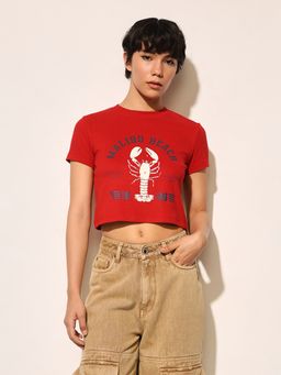 ONLY - Red Ribbed Cropped T-Shirt