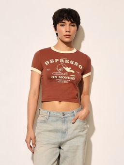 ONLY - Brown Printed Cropped T-Shirt