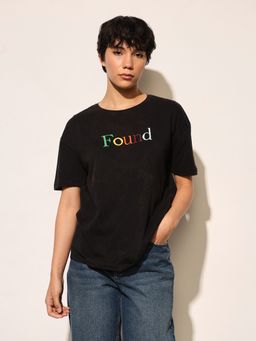 ONLY - Black Embroidered Text T-Shirt