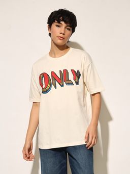 ONLY - Cream Printed Cotton T-Shirt
