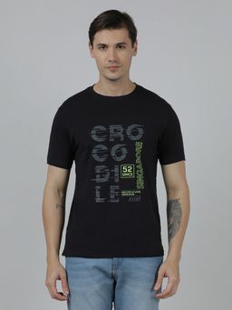Crocodile - Black Typography Printed Single Jersey Cotton Black T-Shirt