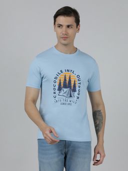 Crocodile - Blue Typography Printed Single Jersey Cotton Blue T-Shirt