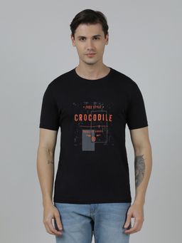 Crocodile - Black Typography Printed Single Jersey Cotton Black T-Shirt