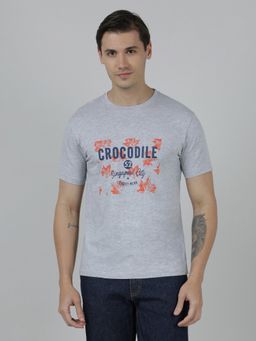 Crocodile - Grey Typography Printed Single Jersey Cotton Grey T-Shirt