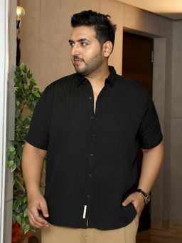 Instafab Plus - Men Onyx Black Self-Design Striped Shirt