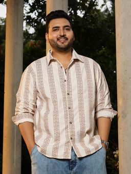 Instafab Plus - Men Ash Brown and Off-White Indie-Stripe Jacquard Shirt