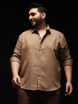 Instafab Plus - Men Mocha Brown Indie-Motif Jacquard Shirt