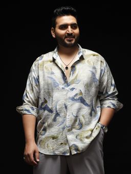 Instafab Plus - Men Off-White and Indigo Blue Waterbrash-Imprint Dobby Shirt