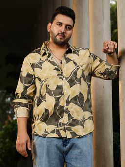 Instafab Plus - Men Olive Green and Pale Yellow Artistic-Foliage Lined Imprint Shirt
