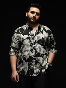 Instafab Plus - Men Obsidian Black and Moon Grey Artistic-Foliage Lined Imprint Shirt