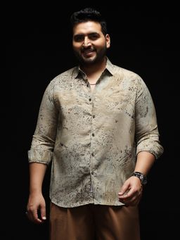 Instafab Plus - Men Ecru Beige Marble-Specks Imprint Shirt